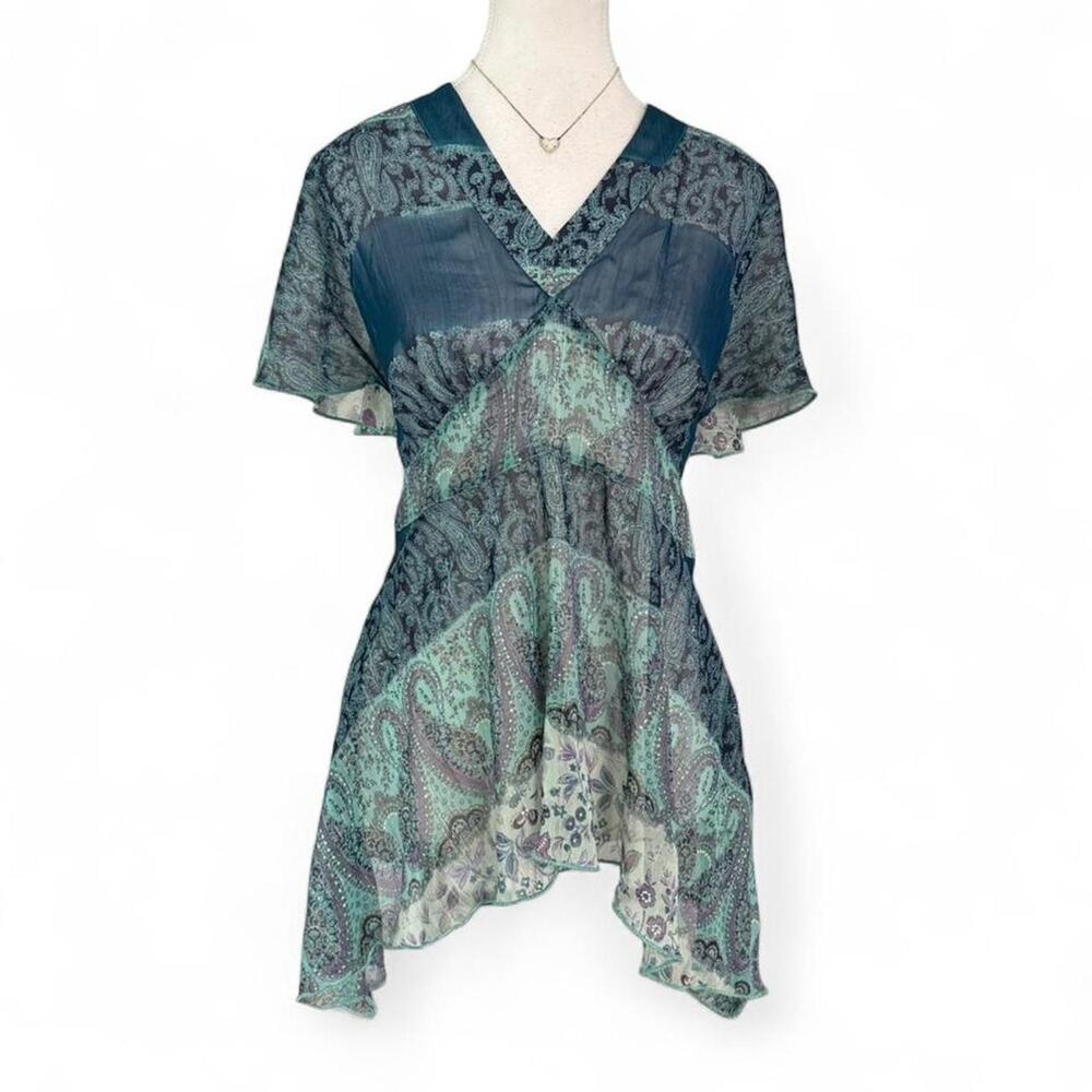 Metro 7 Boho Fairy Y2K Blue Paisley Draping Whimsy Short Sleeves Top Size Large